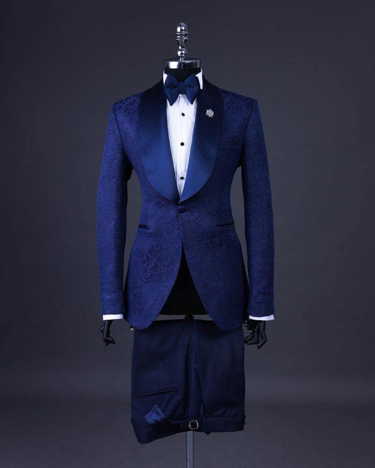 Shop Navy Blue Shawl Lapel Floral Jacquard Tuxedo Suit - Deji&Kola
