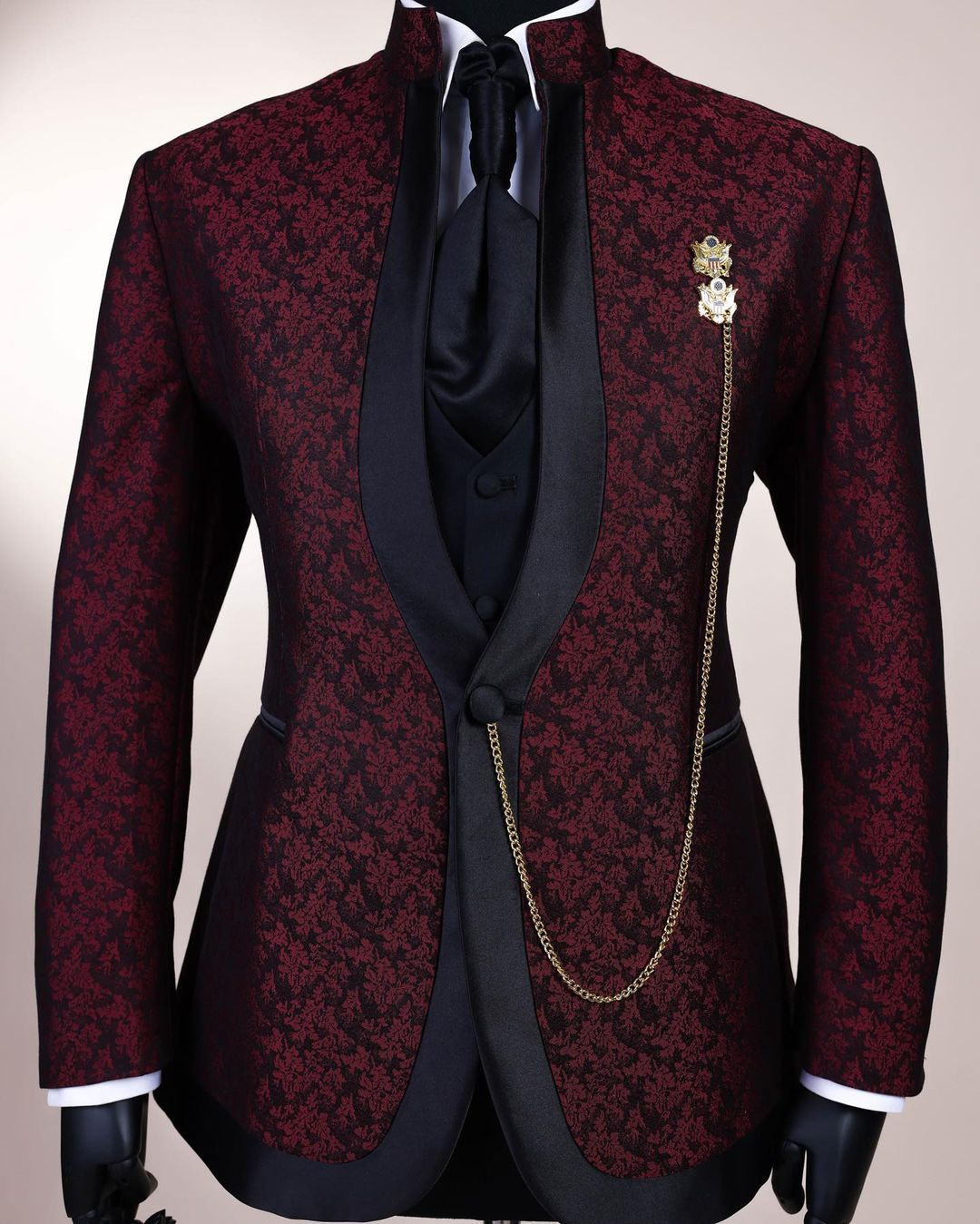Shop Reloaded “Pope” monochrome black and burgundy suit - Deji & Kola