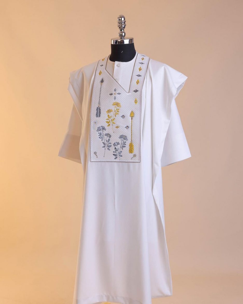Shop White, arrow & floral metallic wire embroidery agbada - Deji & Kola