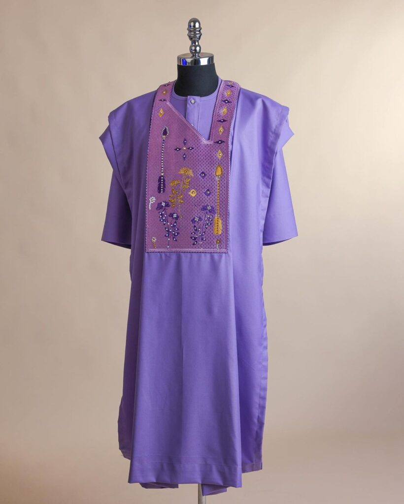 Shop Iris Purple, arrow & floral embroidery African Agbada -Deji & Kola