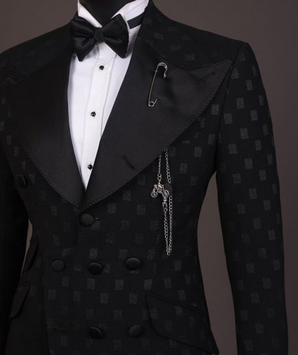 Shop Charcoal Black layered peak lapel Jacquard Tuxedo suit - Deji & Kola