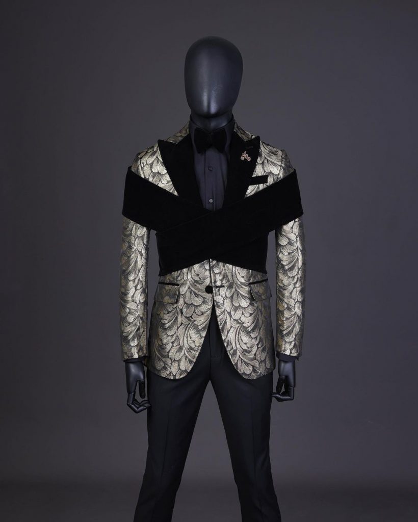 Shop Charcoal Black & Gold Splash, Peak Lapel Tuxedo Suit - Deji & Kola