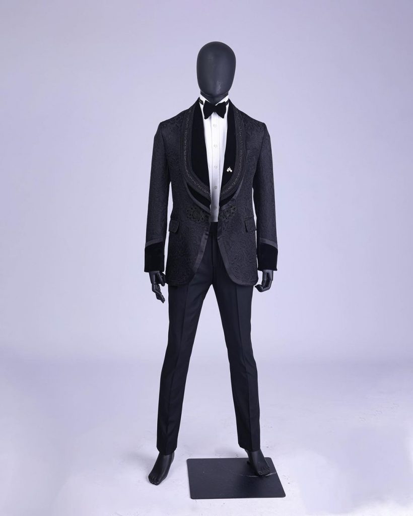 Shop Charcoal Black “quad-shawl” lapel Tuxedo jacquard suit - Deji & Kola