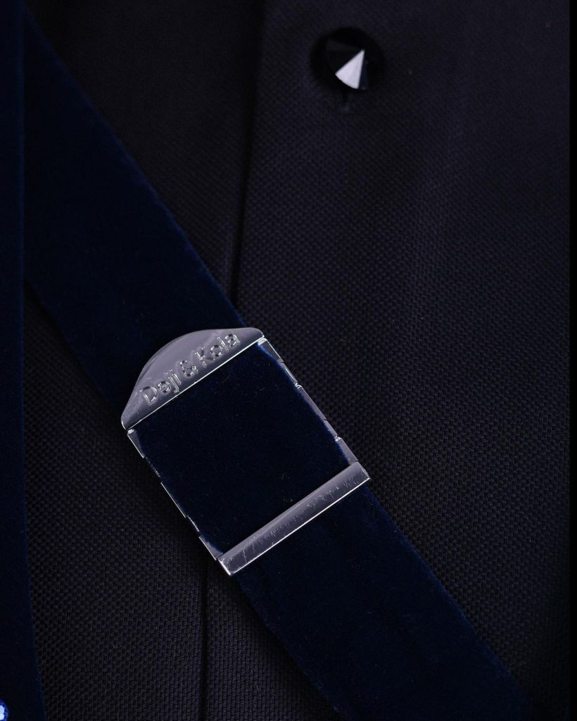 Shop Navy blue Glass & Swarovski shawl lapel tuxedo suit - Deji & Kola