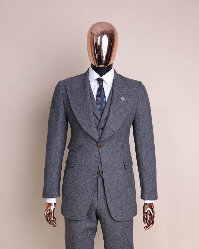 Shop Cloud Grey, knitted, peak lapel jorgecarli vogue suit - Deji & Kola
