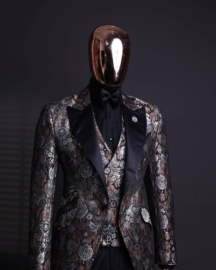 Shop Brown, Silver & Black Floral Jacquard Peak Lapel Suit -Deji & Kola