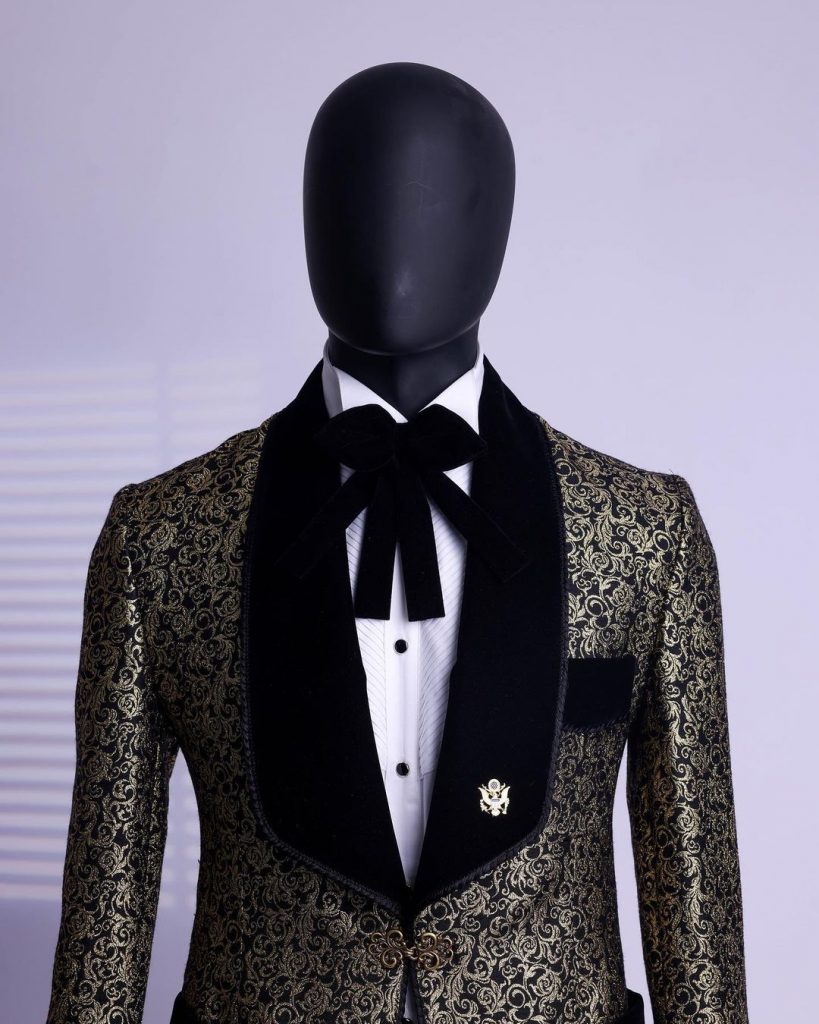 Shop Gold and Black Patterned Metallic Jacquard Tuxedo Suit -Deji & Kola