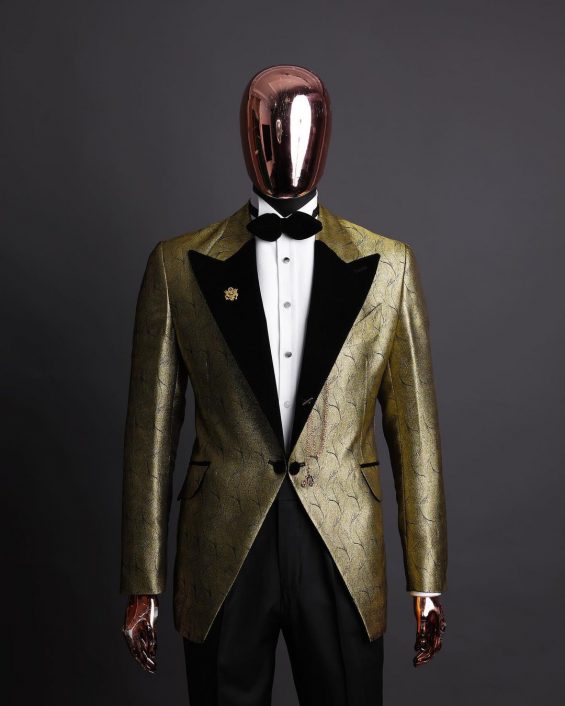 Shop Gold Metallic Jacquard Peak Lapel Tuxedo Suit -Deji & Kola