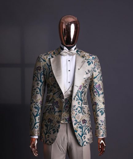 Shop Pistachio green floral metallic jacquard tuxedo suit - Deji & Kola
