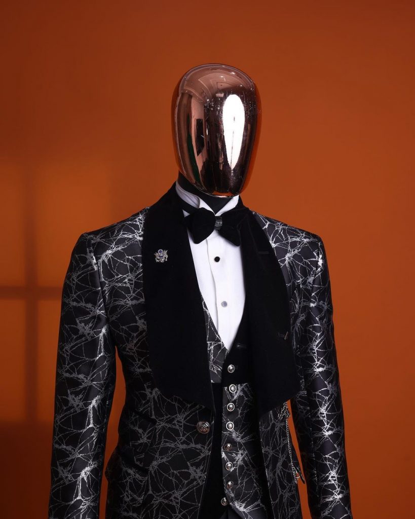 Shop Charcoal black & silver jacquard, shawl lapel tuxedo suit-Deji & Kola