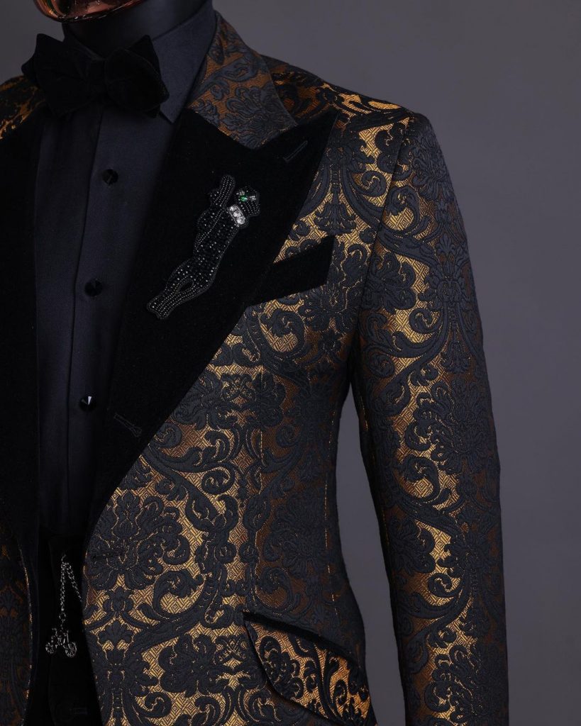 Shop Gold and Black Floral jacquard, peak lapel tuxedo suit-Deji & Kola