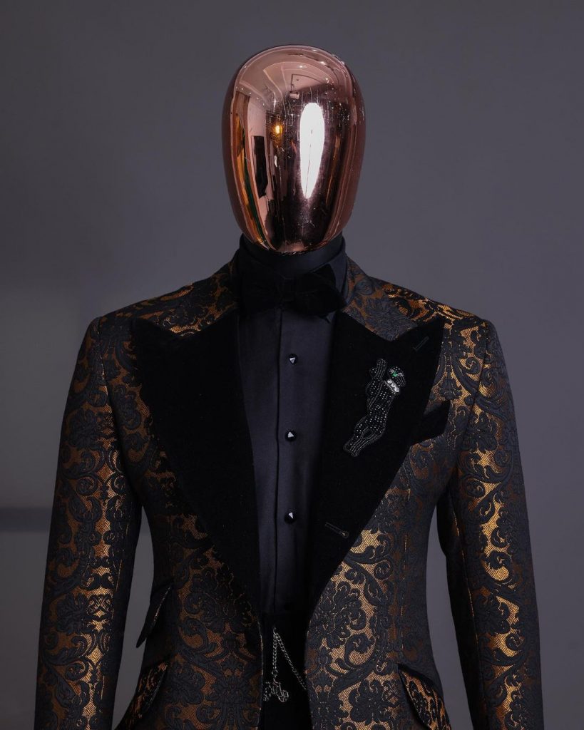 Shop Gold and Black Floral jacquard, peak lapel tuxedo suit-Deji & Kola