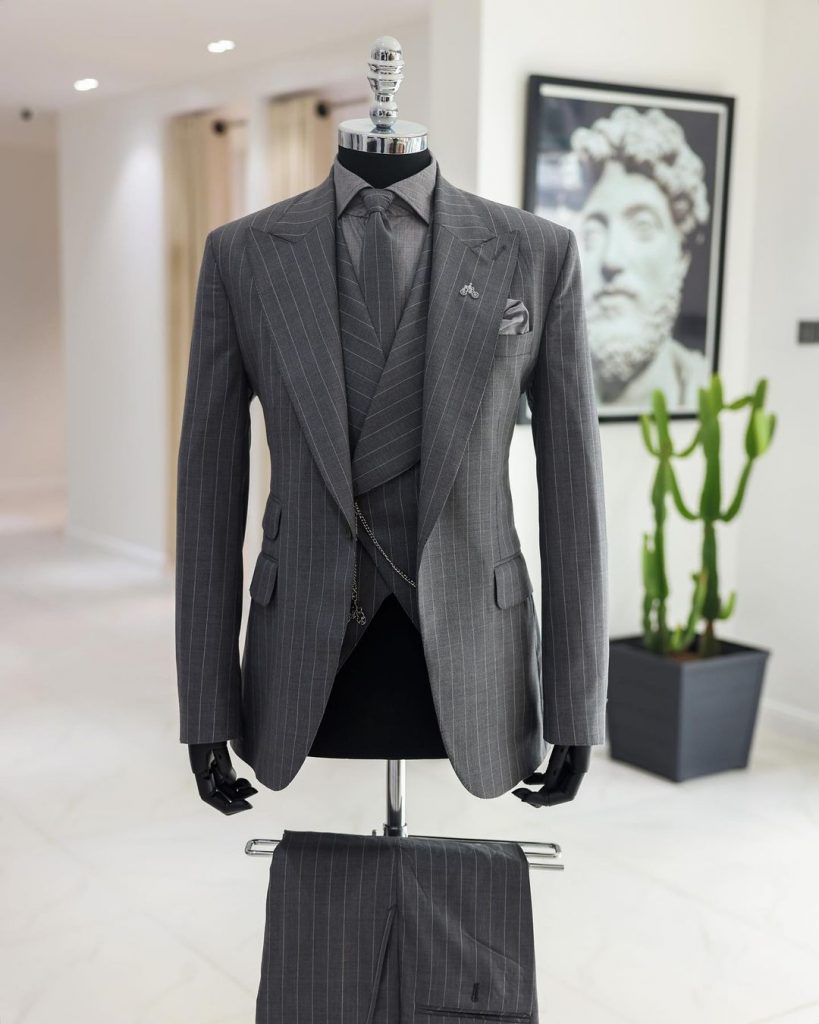 Shop Dark grey, ivory pencil stripe, jorgecarli peak lapel suit - Deji ...