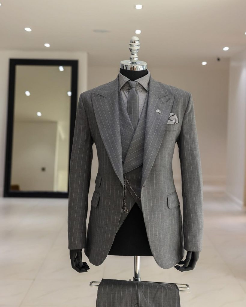 Shop Dark grey, ivory pencil stripe, jorgecarli peak lapel suit - Deji ...