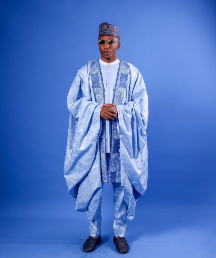 Skye blue, “Dan Fodio” Arewa , front cut with round tail embroidery details tagbada