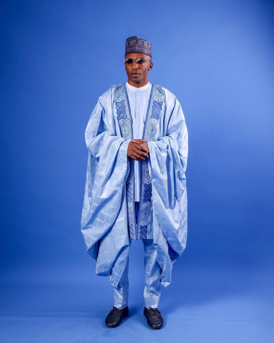 Skye blue, “Dan Fodio” Arewa , front cut with round tail embroidery details tagbada