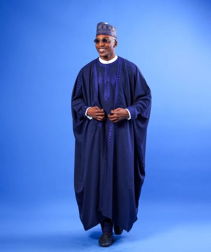 Navy blue arewa front cut, traditional embroidery tagbada