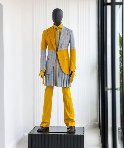 Yellow & broken tartan check in sapphire blue mix peak lapel suit
