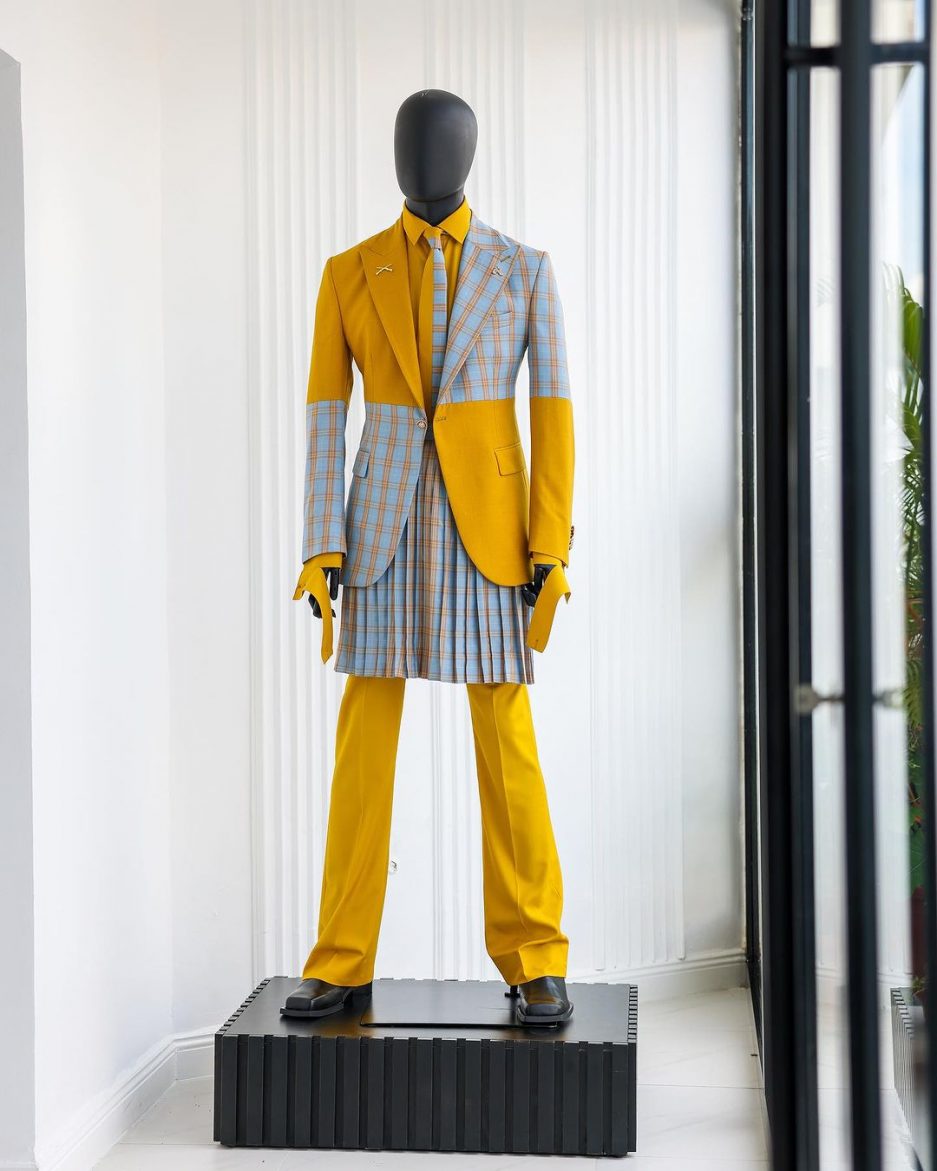 Yellow & broken tartan check in sapphire blue mix peak lapel suit