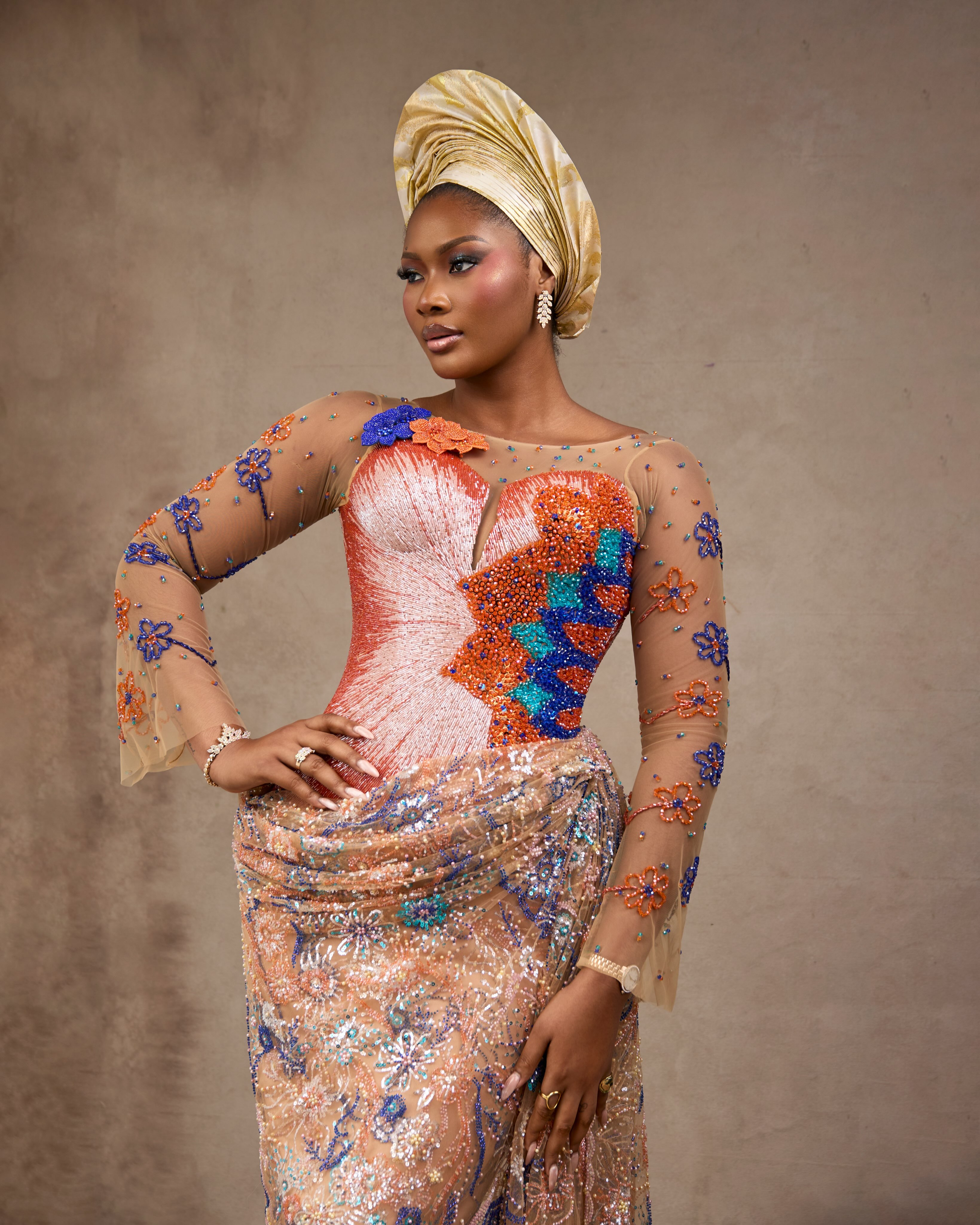 Buy Peach Beaded Gown with Floral Embroidery | Deji & Kola Peach beaded gown